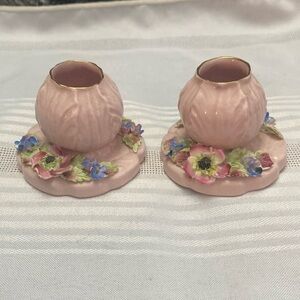 Vintage Radnor hand painted porcelain candle stick holders.